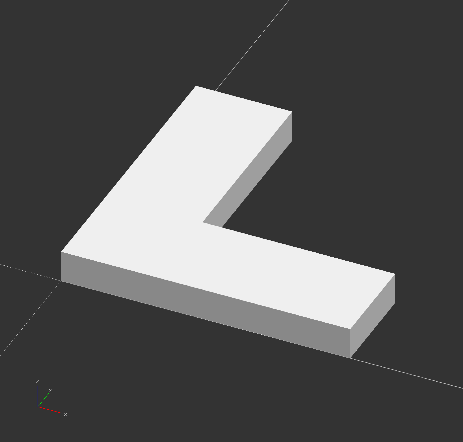 An OpenSCAD screenshot which shows a 3D shape that looks like a three-dimensional letter "L", parallel to the xy plane.