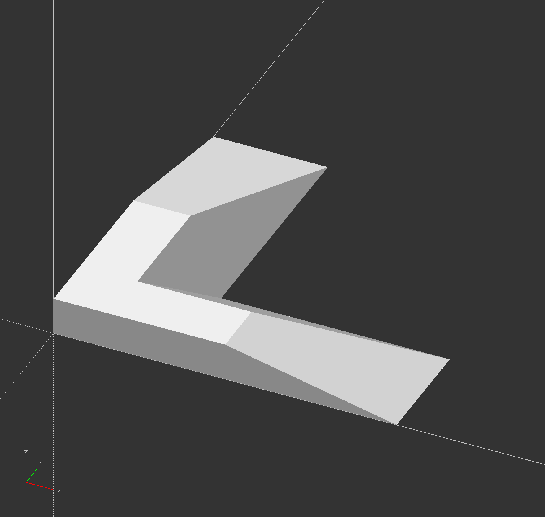 An OpenSCAD screenshot which shows a 3D shape that looks like a three-dimensional letter "L", as in the previous screenshot, but now the L gets smaller in the z dimension until it is half the size at the highest z. The lower left corner of the L shape is the same for both shapes.